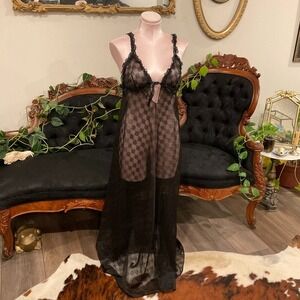 Vintage Glydons Sexy Sheer Lingerie Gown Lace Trim nightgown lace Size L Black